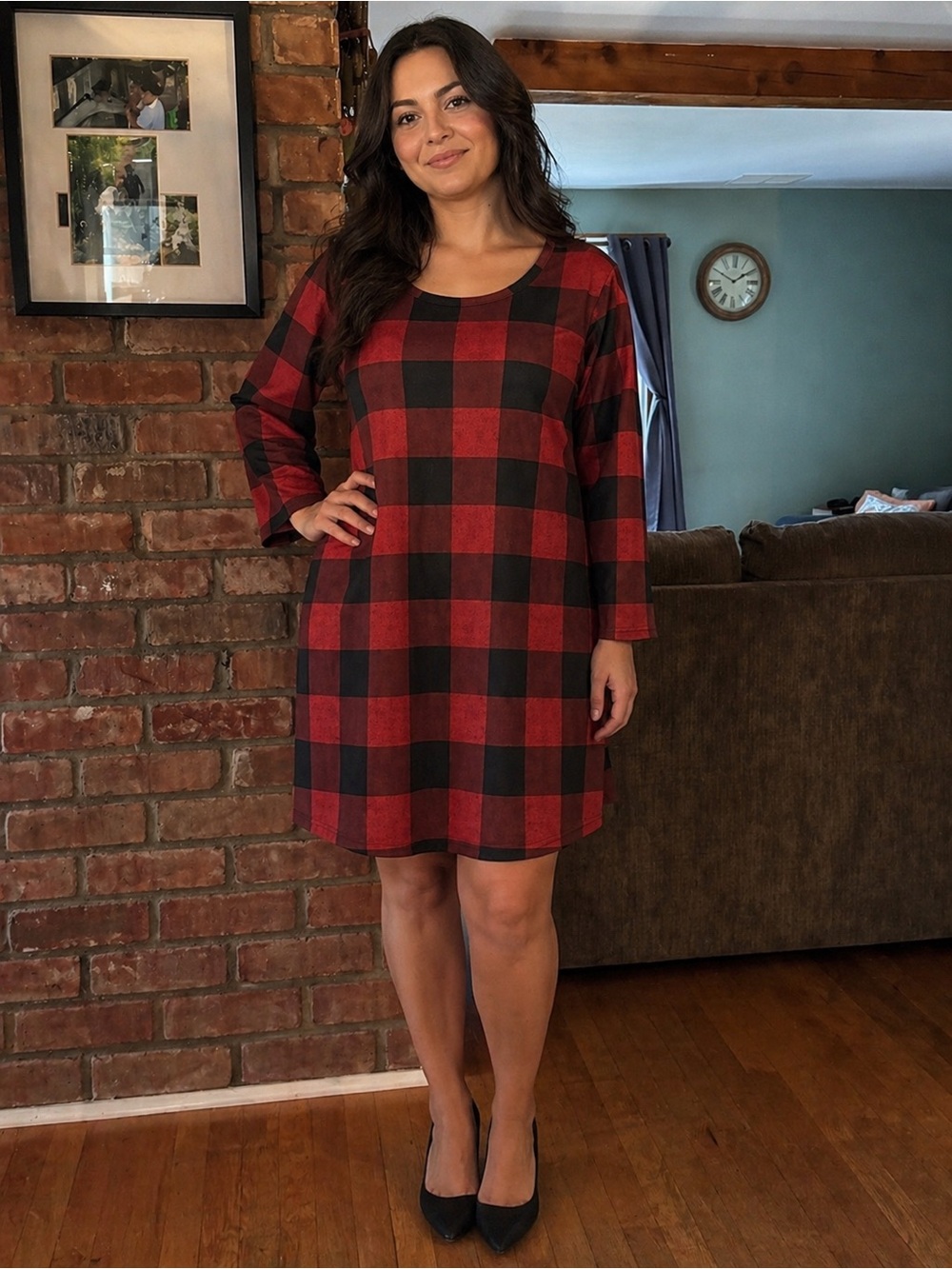 NWT Mirol Red Black Buffalo Plaid Long Sleeve Tunic Dress Large Cabincore